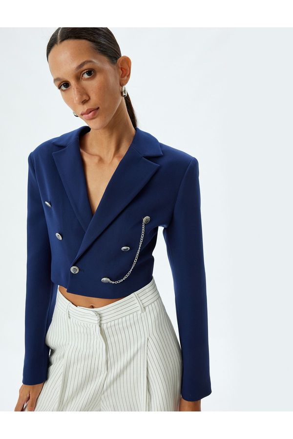 Koton Koton Double Breasted Crop Blazer Jacket Reverse Collar Dobby Chain Detail Buttoned