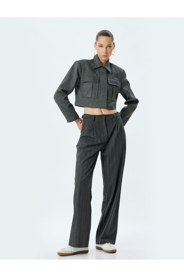 Koton Koton Fabric Trousers Straight Leg Standard Waist Button Belt Detail Viscose Blend