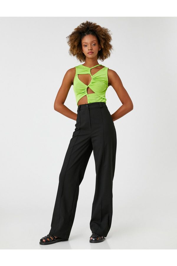 Koton Koton Fabric Trousers Wide Leg High Waist Ribbed Front