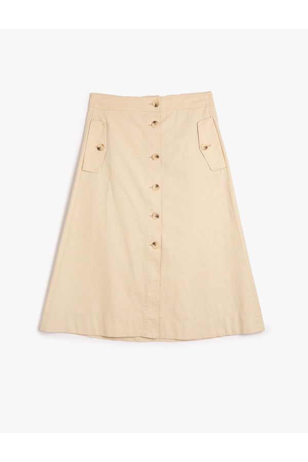 Koton Koton Flared Midi Skirt Button Detailed Linen Blended
