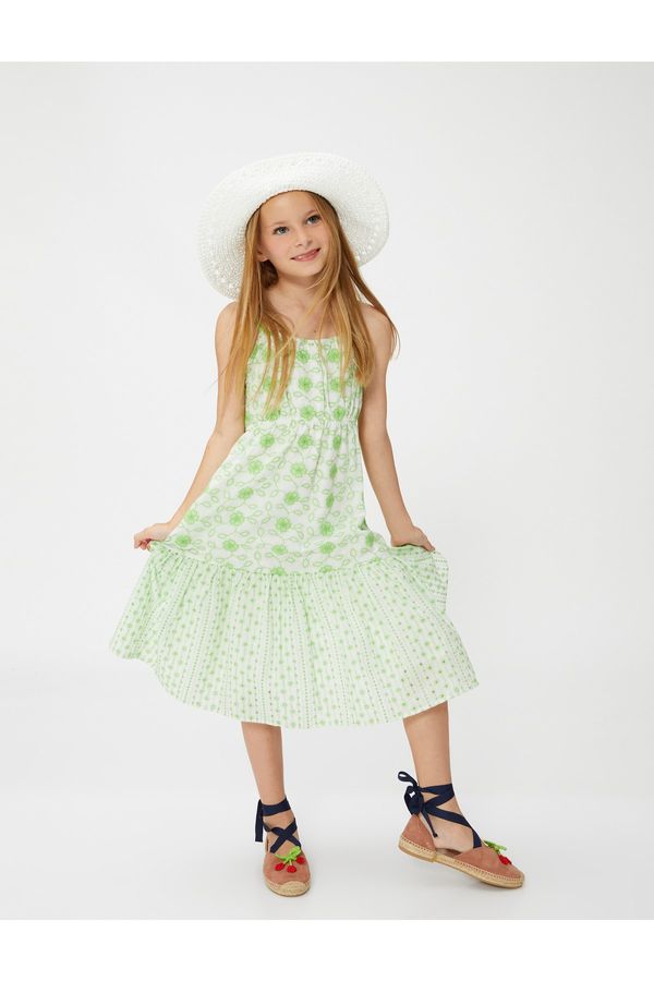 Koton Koton Floral Dress with Thin Straps Lined, Ruffled Dress with Pleated Waist.