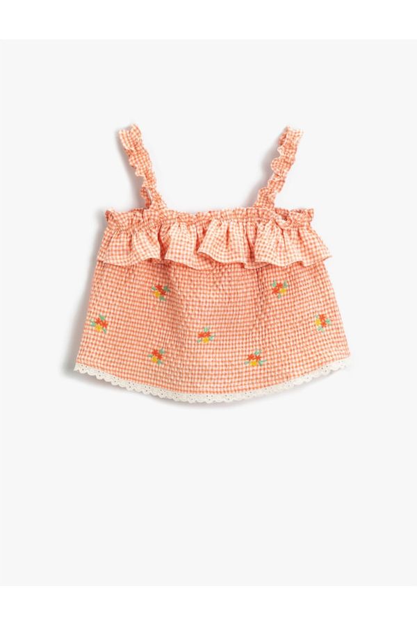Koton Koton Floral Embroidered Gingham Frilly Strappy Blouse