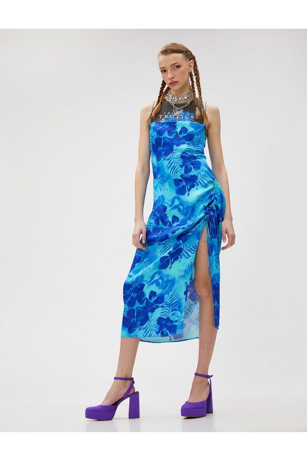 Koton Koton Floral Slit Midi Dress with Cross Back Thin Straps Straight Collar