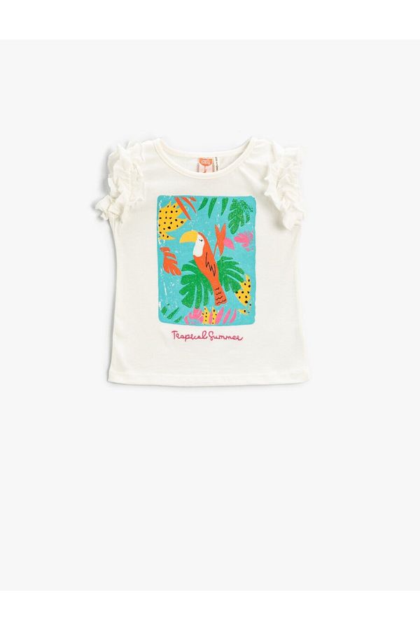 Koton Koton Frill Sleeve T-Shirt Parrot Printed Embroidered Cotton