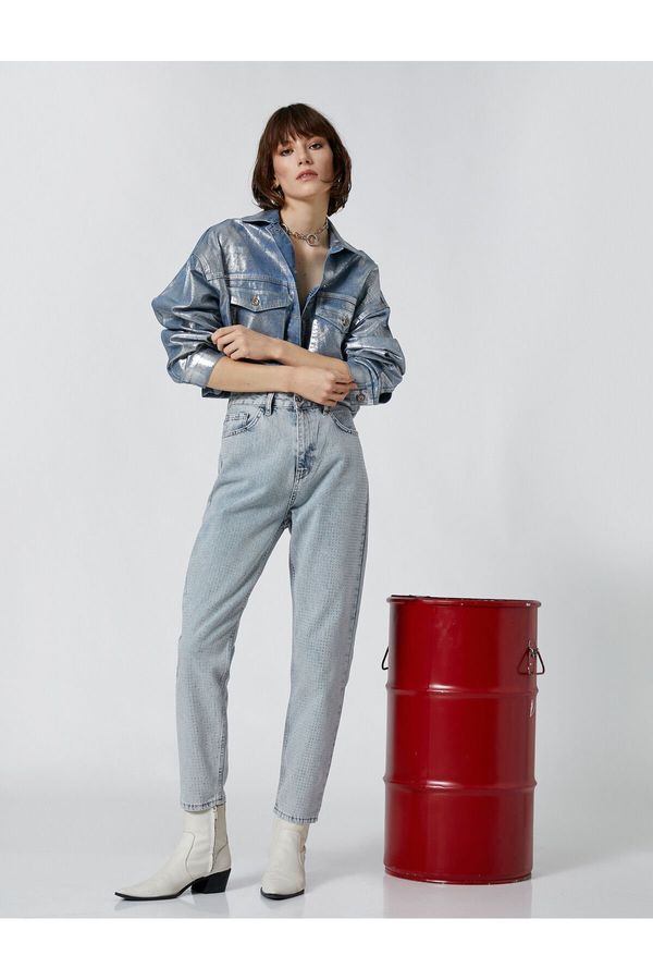 Koton Koton High Waist Jeans with Shiny Stones and Short Leg Pockets - Mom Jean