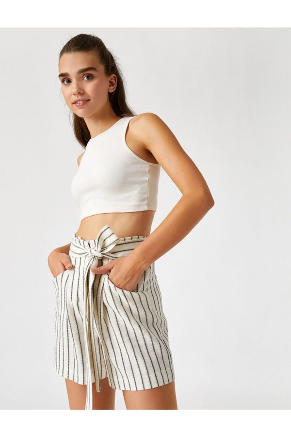 Koton Koton High Waist Striped Shorts With Pockets With A Belt.