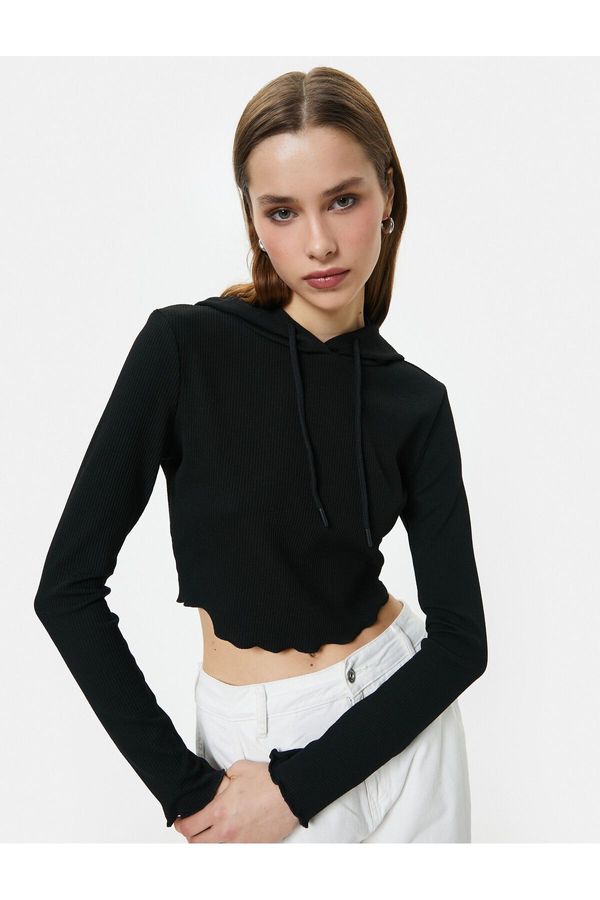 Koton Koton Hooded T-Shirt Printed Crop Long Sleeve