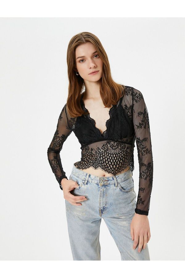 Koton Koton Lace Blouse Sheer Crop V Neck