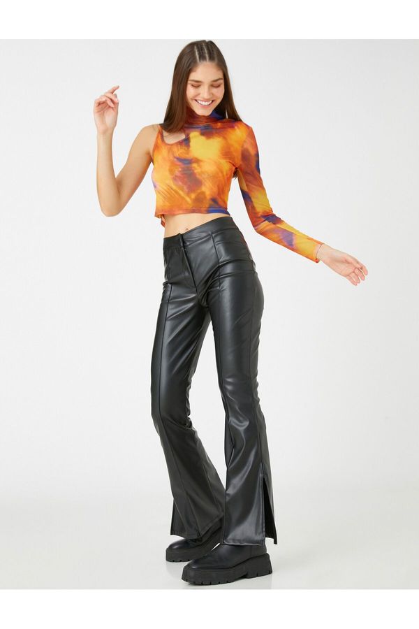 Koton Koton Leather-Look Trousers Spanish Leg Ribbed High Waist.