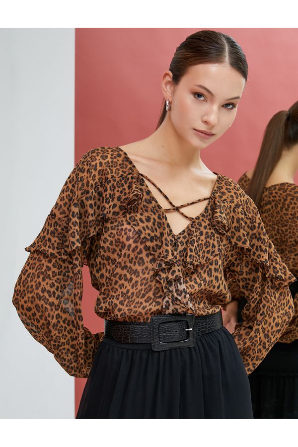 Koton Koton Leopard Pattern Blouse Chiffon Long Sleeve Ruffle V Neck