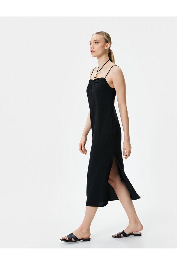 Koton Koton Linen Blend Dress Midi Length Strappy Bead Detail Slim Fit