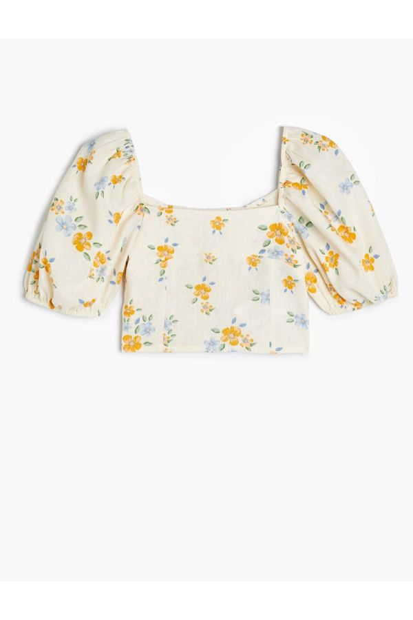 Koton Koton Linen Crop Blouse Floral Square Neck Gipe Detailed