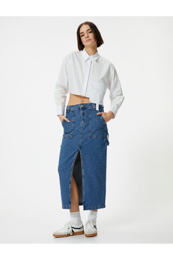 Koton Koton Long Denim Skirt Front Slit Detailed Pocket Cotton