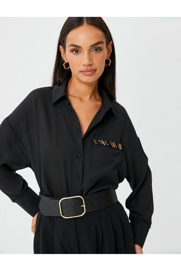 Koton Koton Long Sleeve Shirt with Embroidery Pocket Detailed Buttons