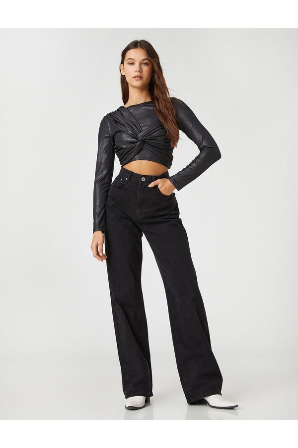 Koton Koton Long Sleeve T-Shirt Crop Sparkling Crew Neck Ruffle Detailed.