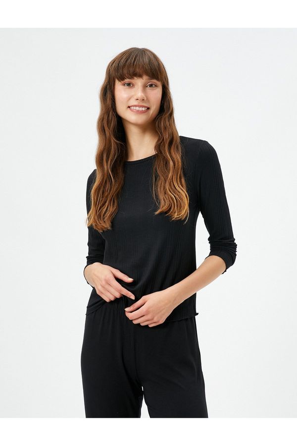 Koton Koton Long Sleeved Pajama Tops with Crew Neck Ribbed Modal Blend.