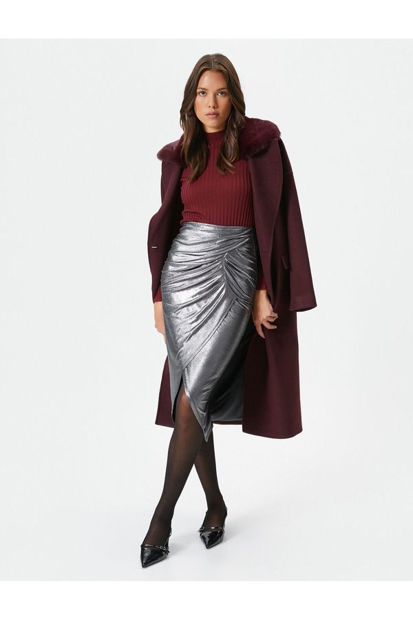 Koton Koton Melis Ağazat X - Metallic Shiny Double Breasted Midi Skirt With Slit And Drape Detailed