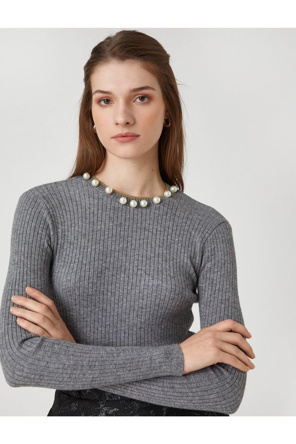 Koton Koton Melis Ağazat X - Pearl Detailed Ribbed Knitwear Sweater