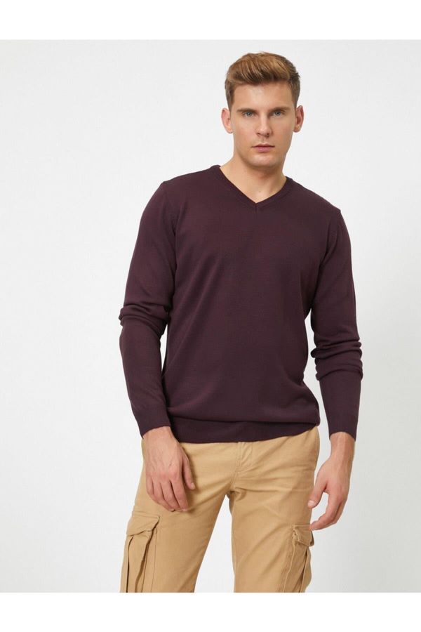 Koton Koton Men's Purple V-Neck Long Sleeve Knitwear Sweater