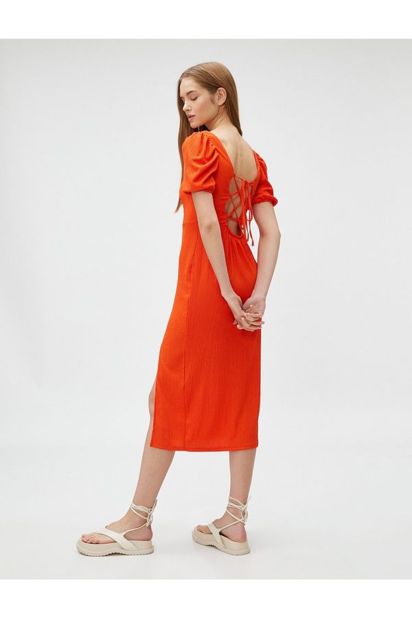 Koton Koton Midi Dress with Balloon Sleeves and a Slit Square Neckline.