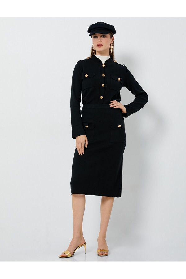 Koton Koton Midi Knitwear Skirt With Pockets and Buttons Standard Waist