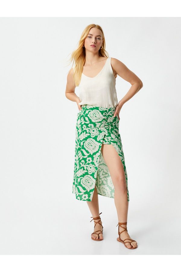 Koton Koton Midi Skirt Floral Slit Gathered Normal Waist Cotton
