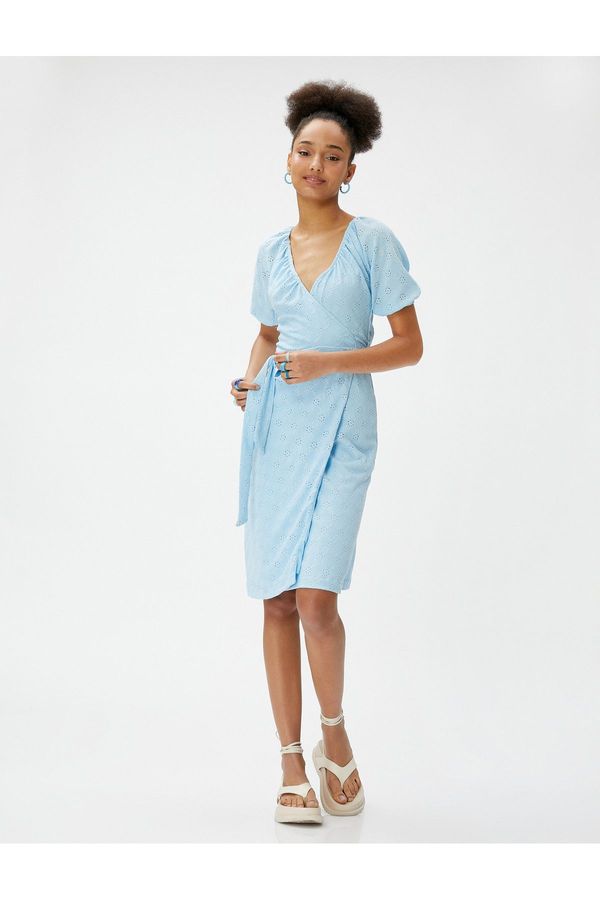 Koton Koton Mini Scallop Dress Wrap Belted V-Neck Balloon Sleeve