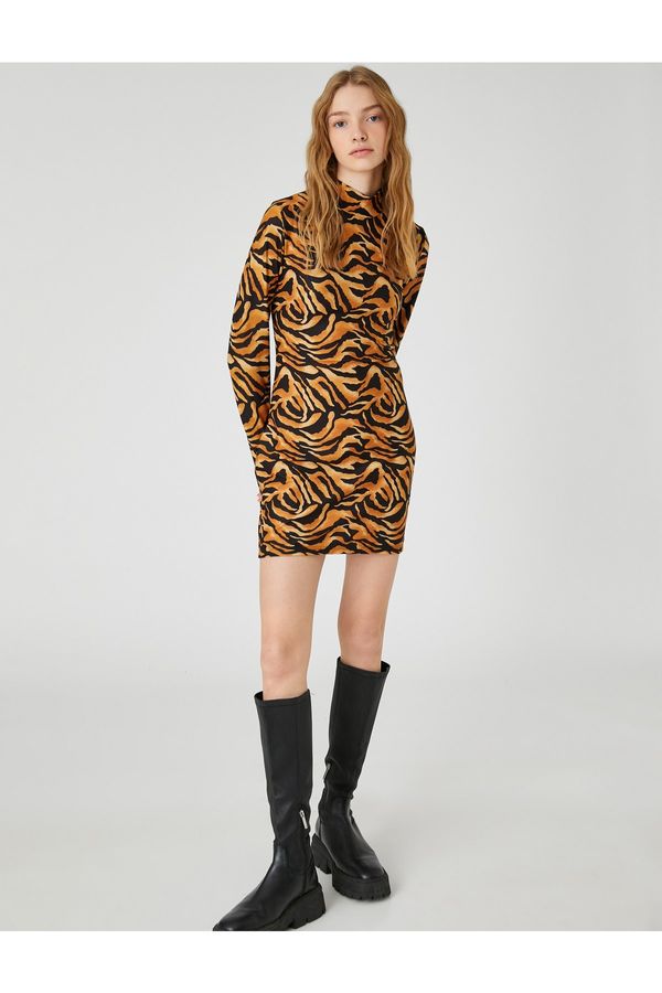 Koton Koton Mini Winter Pencil Dress Leopard Pattern Standing Collar Long Sleeve