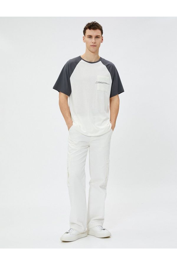 Koton Koton Motto Embroidered T-Shirt Raglan Sleeve Pocket Detailed Crew Neck