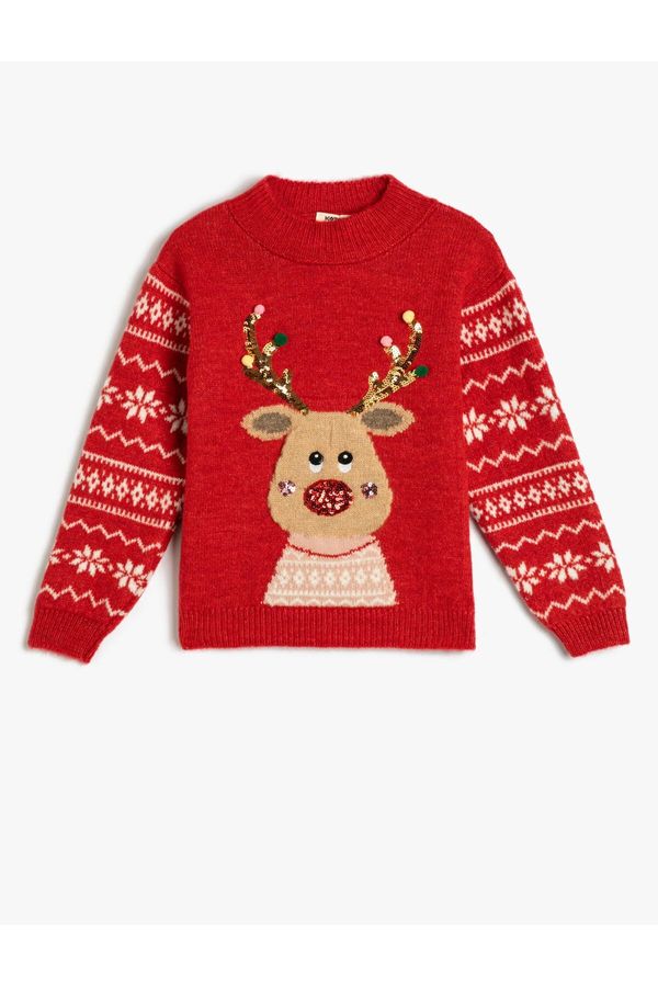 Koton Koton New Year's Sweater Deer Patterned Crew Neck Sequin Detailed