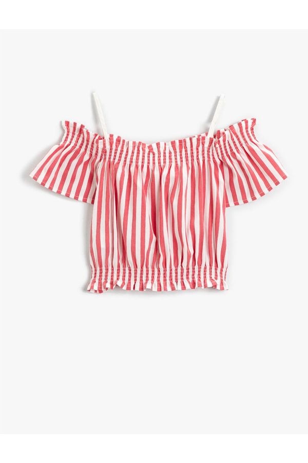 Koton Koton Off-the-Shoulder Striped Cotton Shirt with Short Sleeves