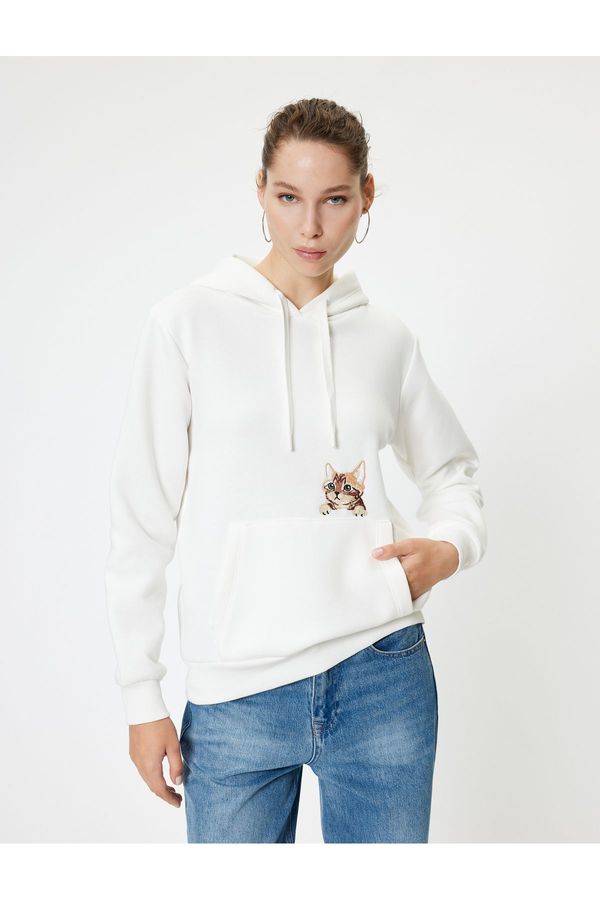 Koton Koton Oversize Hooded Sweatshirt with Pocket Detail and Cat Embroidery