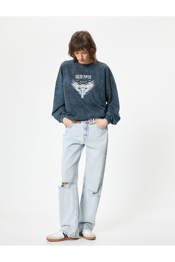 Koton Koton Oversize Sweatshirt Crew Neck Faded Effect Printed