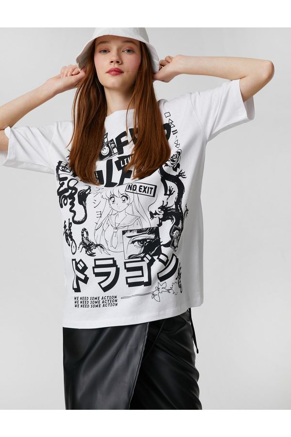 Koton Koton Oversized T-Shirt with Short Sleeves and Oriental Print Crewneck.