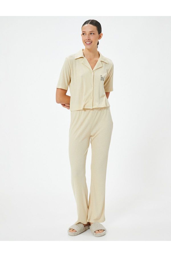 Koton Koton Pajama Set Ribbed Short Sleeve Buttoned Embroidery Detailed