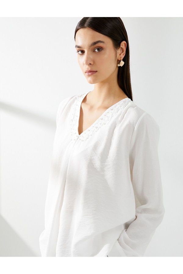 Koton Koton Pearl Blouse V-Neck Long Sleeve Viscose Textured