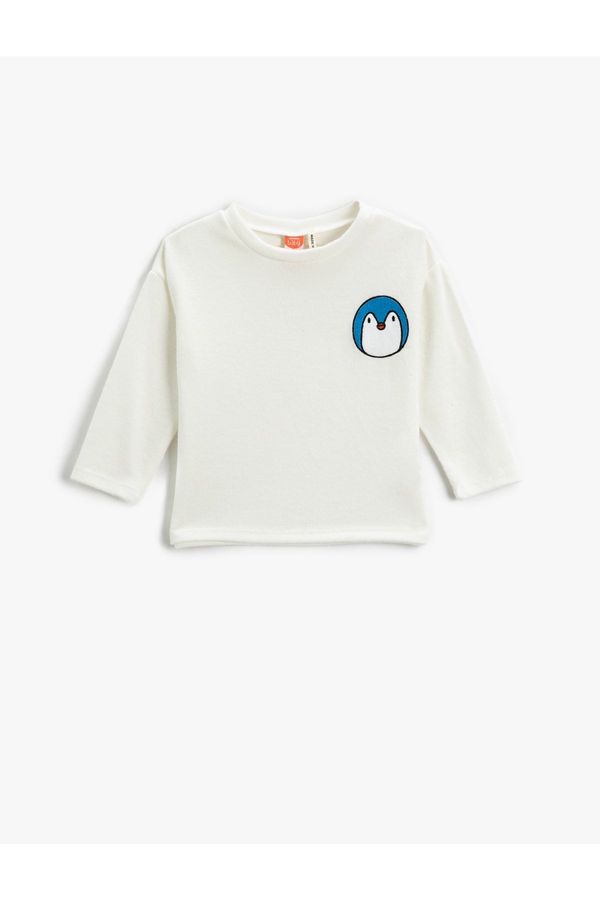 Koton Koton Penguin Print Detailed T-Shirt Long Sleeved Crew Neck