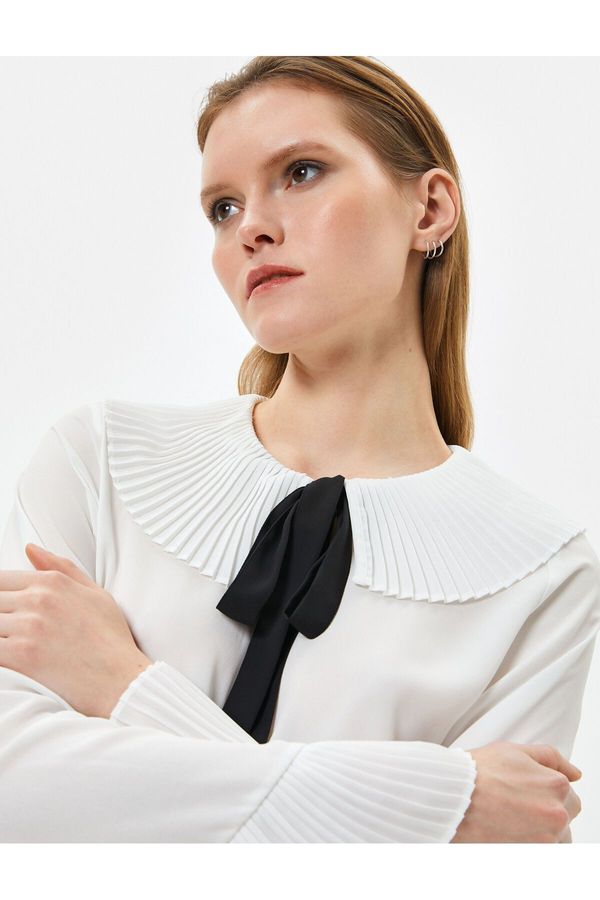 Koton Koton Pleated Wide Collar Shirt Tie Detail Long Sleeve