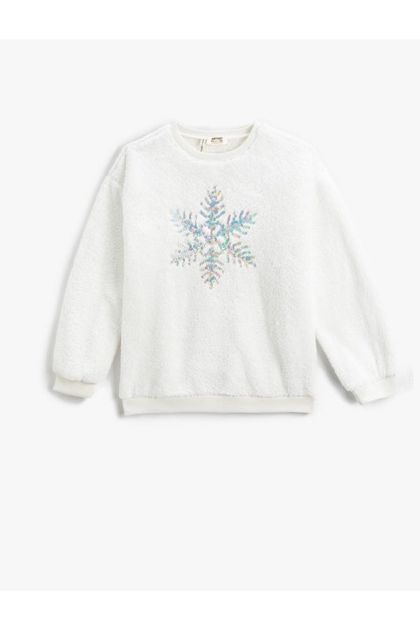 Koton Koton Plush Sweatshirt Christmas Themed Snowflake Detail Stamp Sequin Embroidered