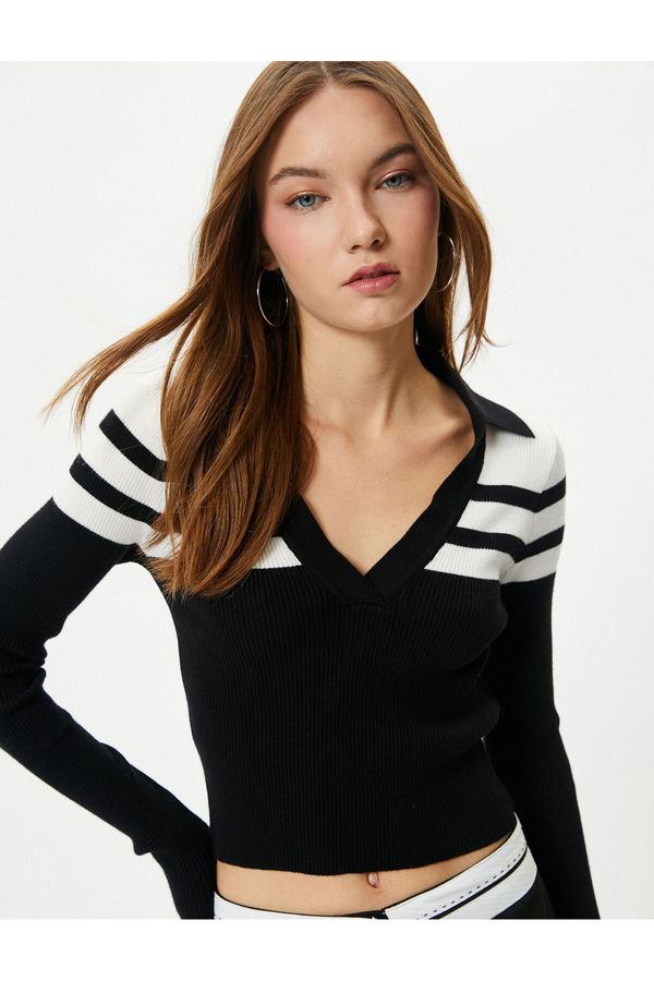 Koton Koton Polo Neck Striped Crop Knitwear Sweater Long Sleeve Slim Fit