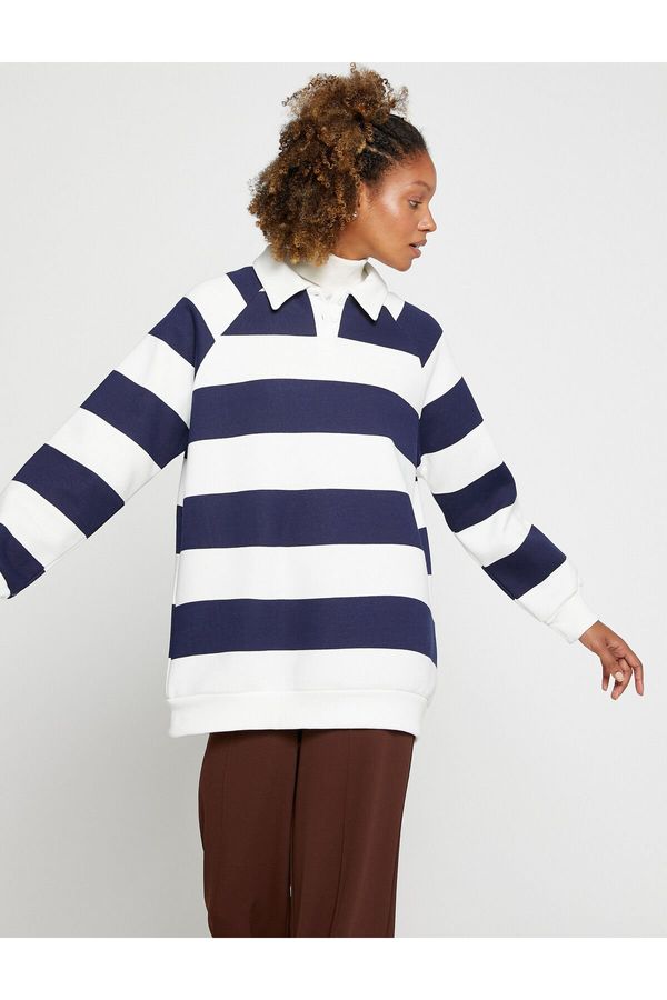 Koton Koton Polo Neck Sweatshirt Oversize Striped Long Sleeve Fleece Inner