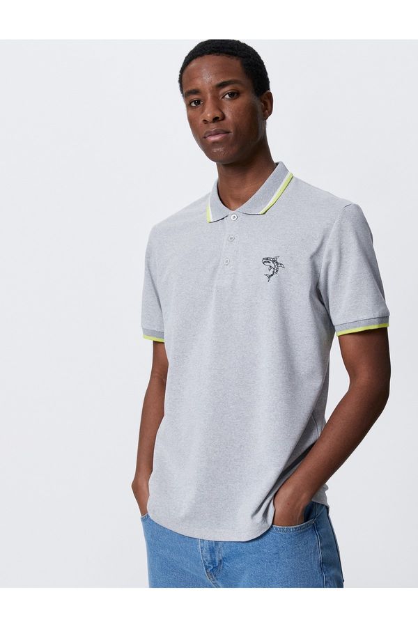 Koton Koton Polo Neck T-Shirt with Shark Embroidered Tier Button