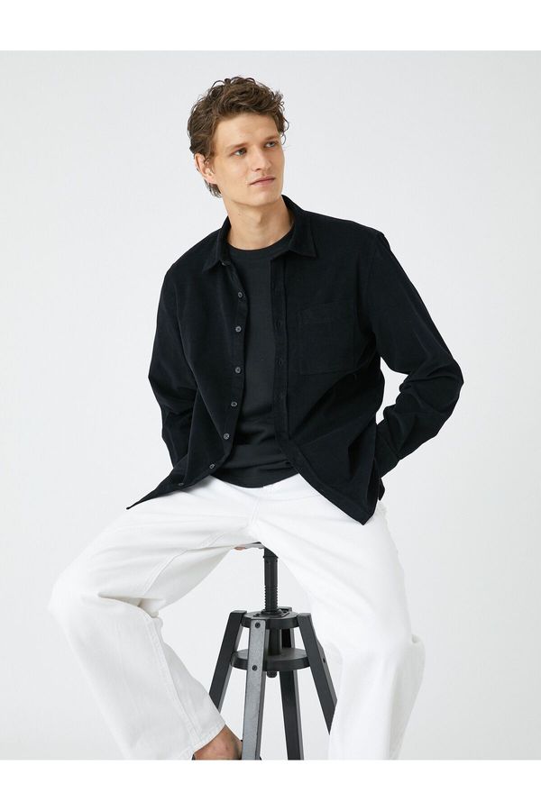 Koton Koton Ribbed Shirt Buttoned Classic Collar Pocket Detailed