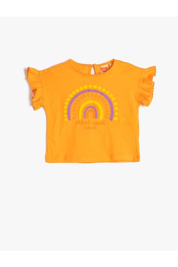 Koton Koton Ruffle Short Sleeve Crew Neck Cotton Rainbow Printed T-Shirt