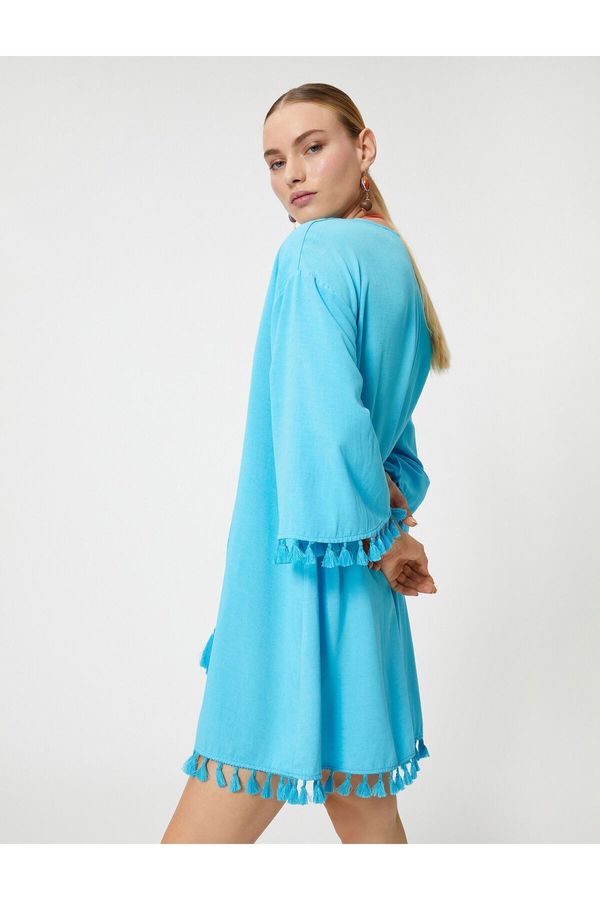 Koton Koton Şahika Ercümen X Cotton - Oversized Fringed Mini Beach Dress Ecovero® Viscose