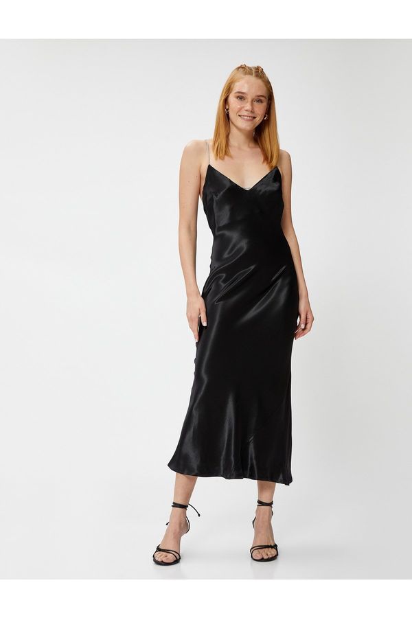 Koton Koton Satin Evening Dress with Stone Straps and Low-Rise Back