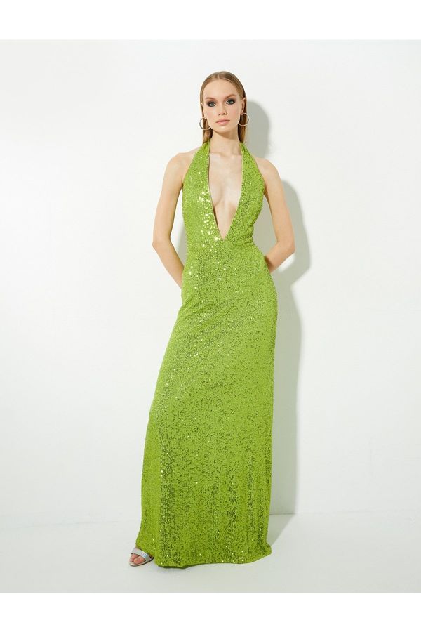 Koton Koton Sequined Evening Dress with Decollete with a Slit