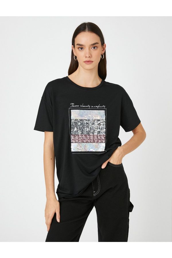 Koton Koton Sequined Text Printed T-Shirt Crew Neck Short Sleeve