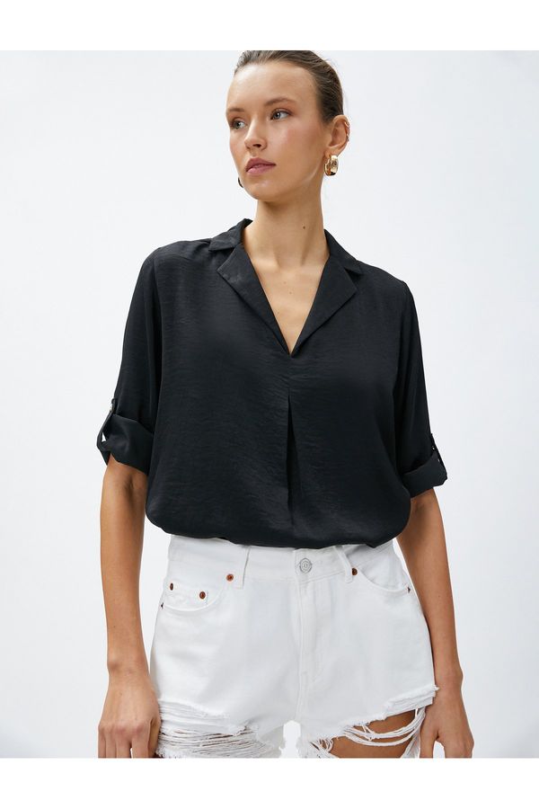 Koton Koton Shirt Collar Blouse Folding Sleeves Detailed
