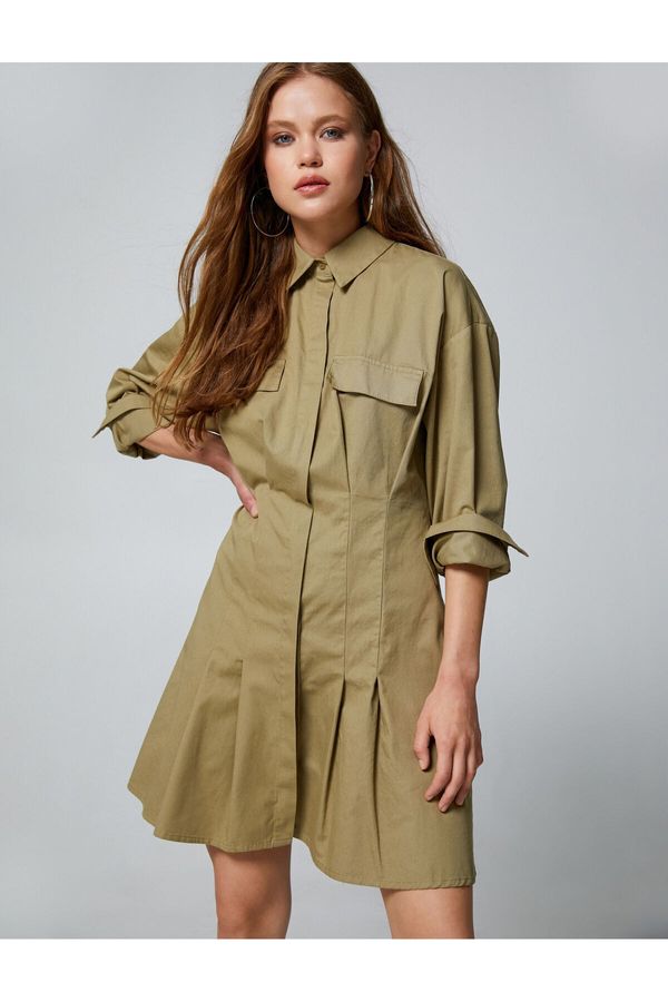 Koton Koton Shirt Dress Gabardine Fabric Pleated Long Sleeve Pocket Cotton
